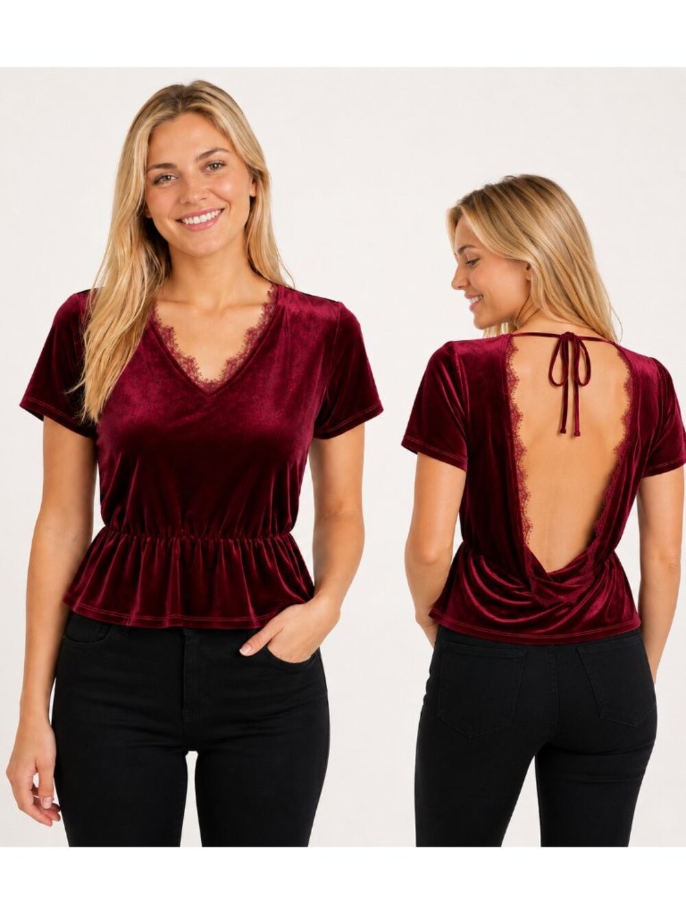 Abercrombie & Fitch Burgundy Velvet Lace-Trim Peplum Blouse | Size XS